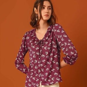 S Allegra K Women's Vintage Tie V Neck Shirt Falk Floral Blouse Ruffle Top